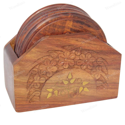 Woodino Brass Carving Sheesham Wood Coaster Set