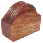Woodino Brass Carving Sheesham Wood Coaster Set