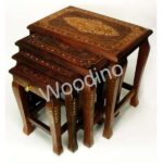 Woodino Rosewood Wooden Carving Brass Work Table Set of 4