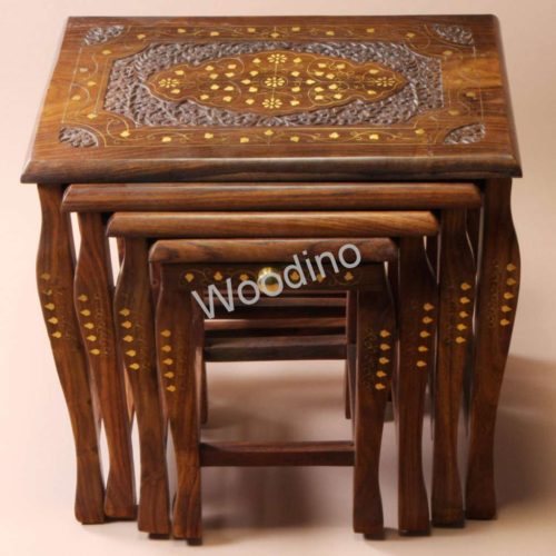 Woodino Rosewood Wooden Carving Brass Work Table Set of 4