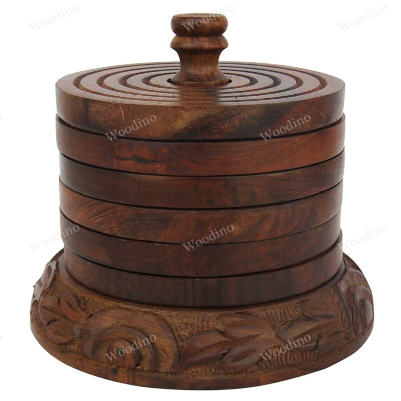 Woodino Sheesham Wood Premium Chhilayi Folding Round 6 Piece Coaster Set