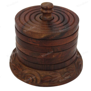 Woodino Sheesham Wood Premium Chhilayi Folding Round 6 Piece Coaster Set