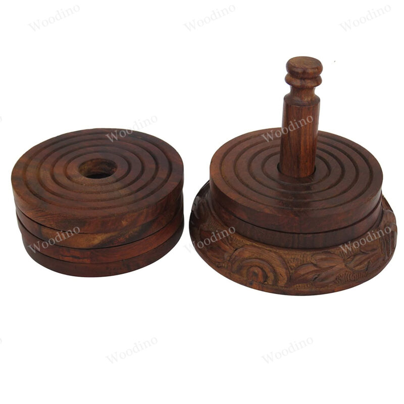Woodino Sheesham Wood Premium Chhilayi Folding Round 6 Piece Coaster Set