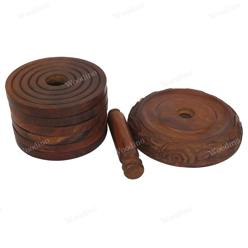 Woodino Sheesham Wood Premium Chhilayi Folding Round 6 Piece Coaster Set