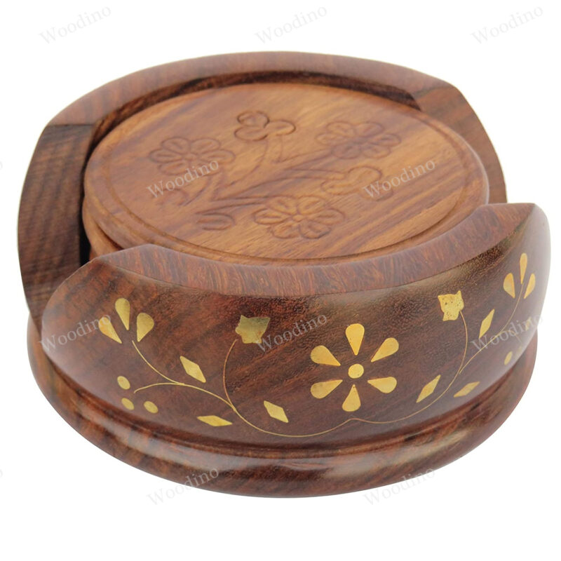 Woodino Premium Brass Work Wooden Lotus Coaster Set