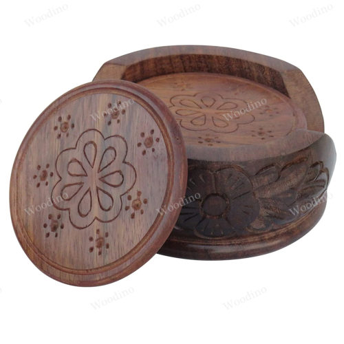 Woodino Premium Quality Wooden Chhilayi Lotus Coaster Set - 6 Pieces