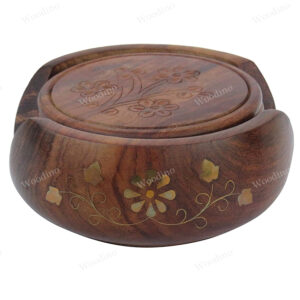 Woodino Premium Brass Work Wooden Lotus Coaster Set (Size: 4 inch)