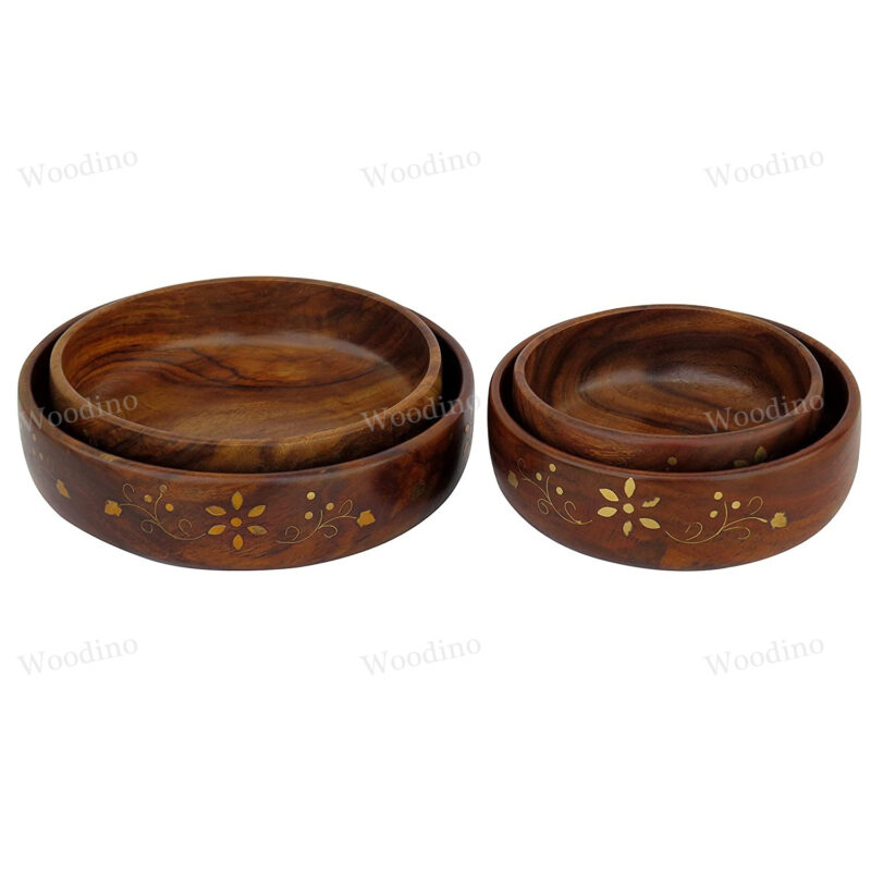 Woodino Round Sheesham Bowl Set of Brass Work 5 inch, 6 inch, 7 inch & 8 Inch