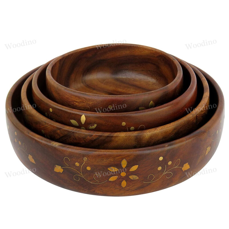 Woodino Round Sheesham Bowl Set of Brass Work 5 inch, 6 inch, 7 inch & 8 Inch