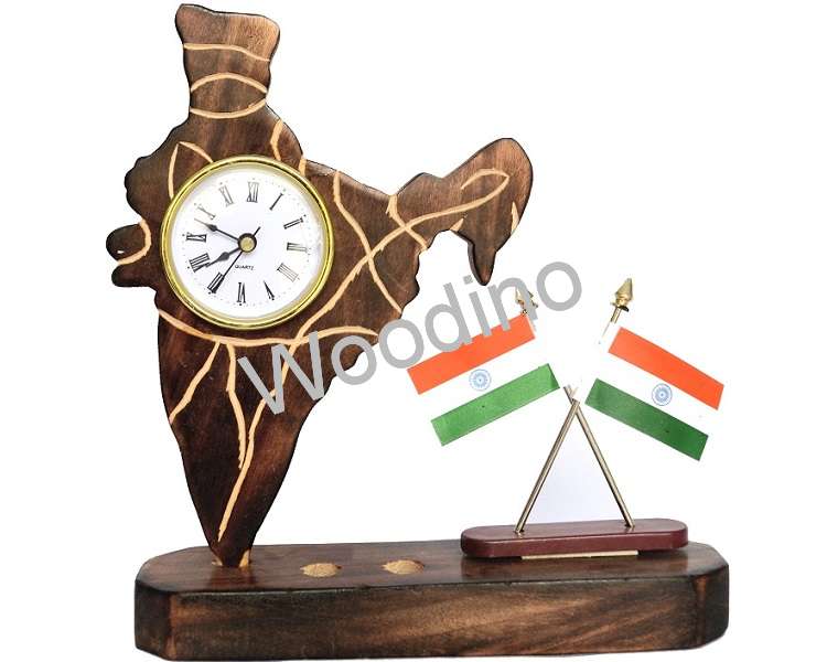 Woodino Indian Flag and Clock Cum Pen Stand