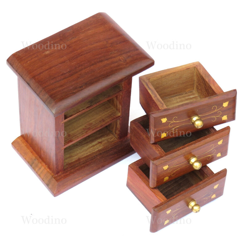 Woodino Small Shesham Jewellery Box Almirah (3 Drawers)