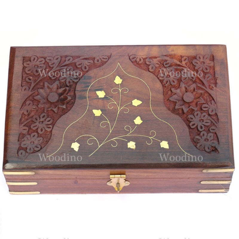 Woodino Brass & Carving Work Wooden Jewellery Box (Size- 8x5 inch)