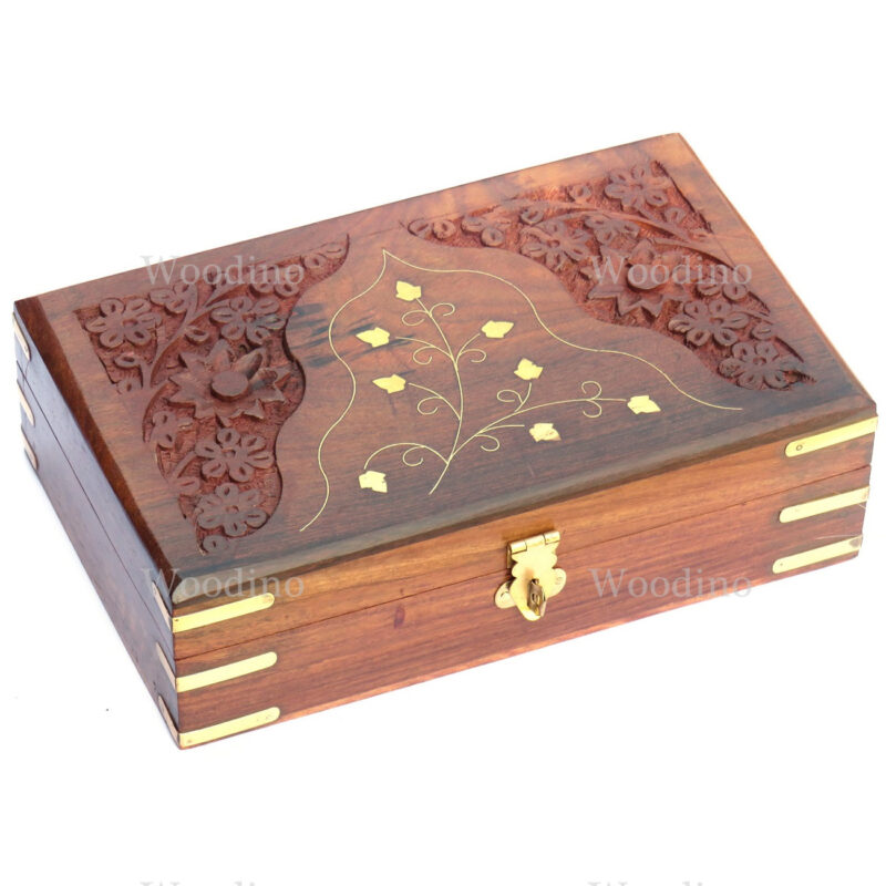 Woodino Brass & Carving Work Wooden Jewellery Box (Size- 8x5 inch)