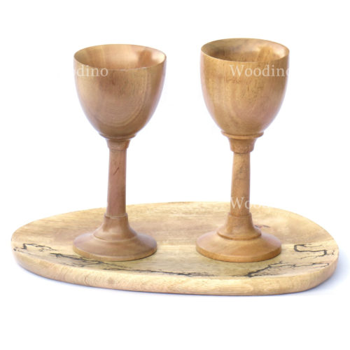Woodino Acacia Wood Wine Glasses Set of 2 with Laser Work Tray