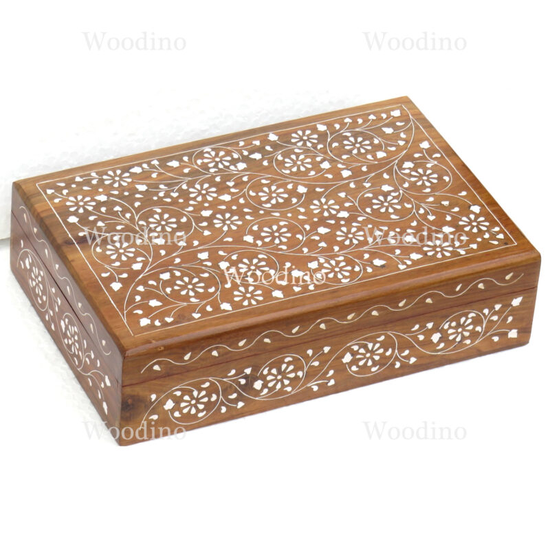 Woodino Floral Design White Brass Wooden Big Box (Size-12x8 inch)