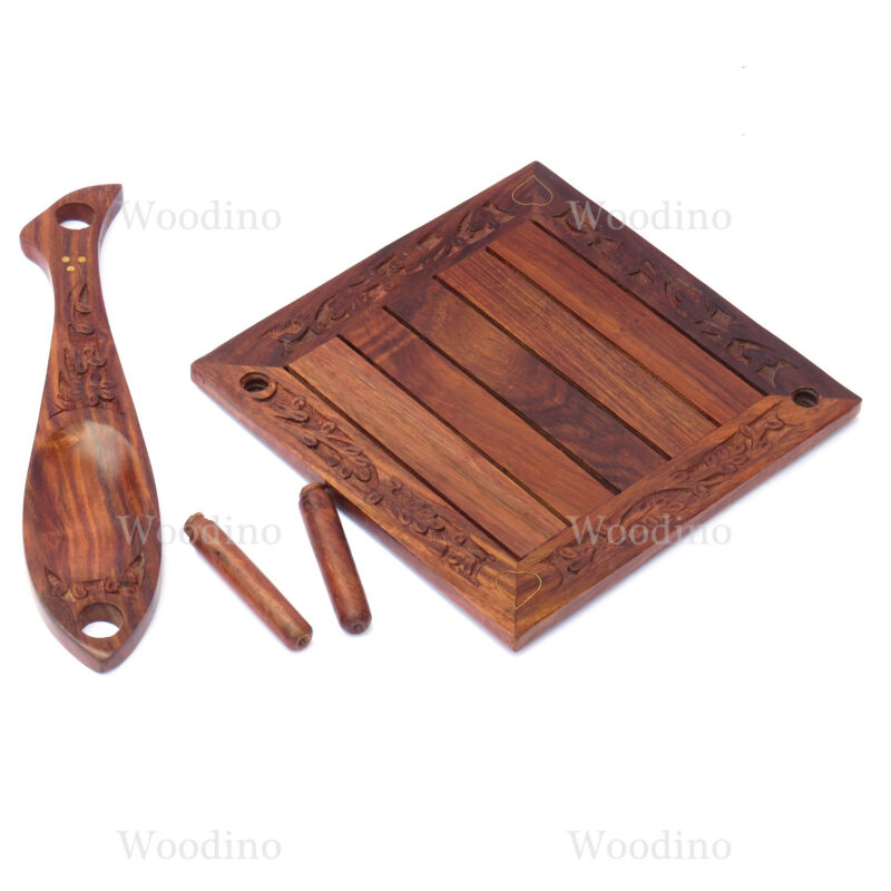 Woodino Fish Design Brass Floral Sheesham Wood Tissue Holder Cum Toothpick Stand