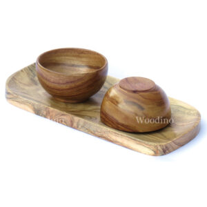 Woodino Acacia Wood Bowl Set of 2 with Rect Tray for Snacks Candy etc (Size Bowl- 4x2 inch)