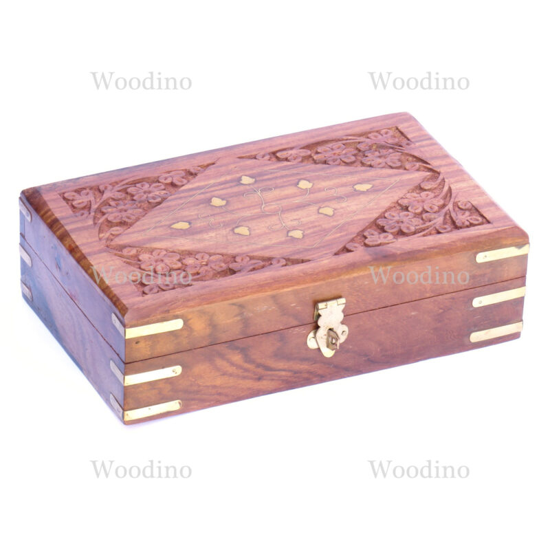 Woodino Sheesham Wood Brass and Carving Jewellery Box (Size- 8x5 inch)