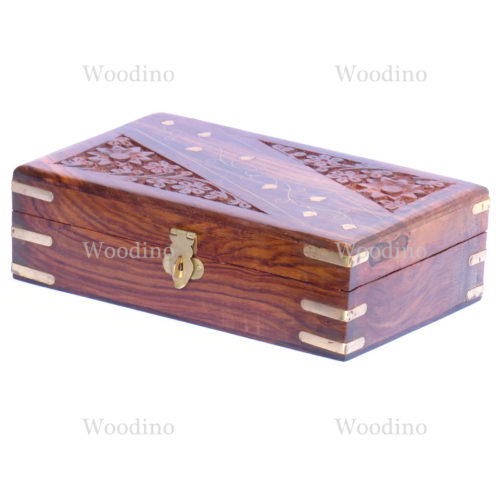 Woodino Sheesham Wood Brass and Carving Jewellery Box (Size- 8x5 inch)