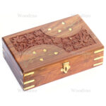 Woodino Sheesham Wood Brass and Carving Jewellery Box (Size- 8x5 inch)