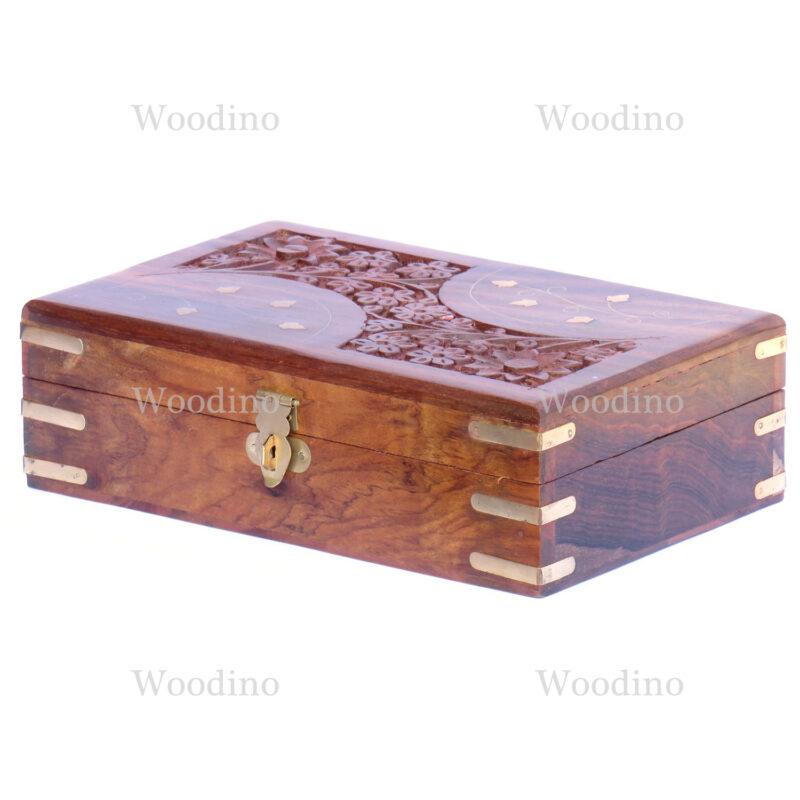 Woodino Sheesham Wood Brass and Carving Jewellery Box (Size- 8x5 inch)