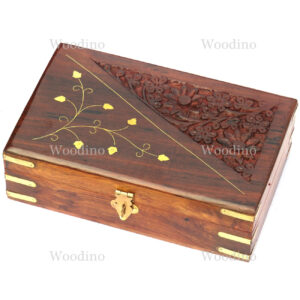 Woodino Sheesham Wood Brass and Carving Jewellery Box (Size- 8x5 inch)