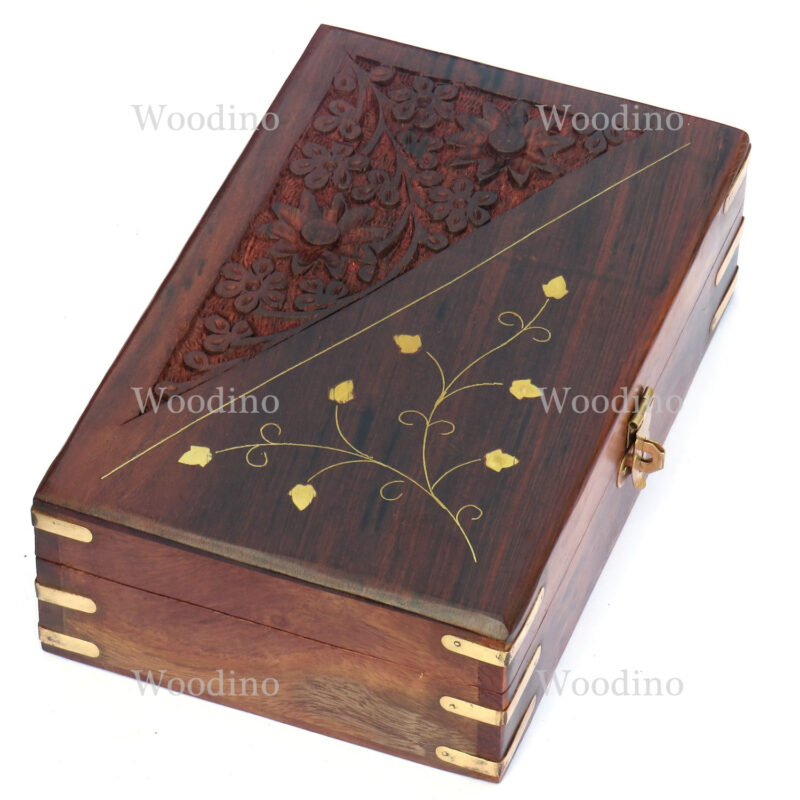 Woodino Sheesham Wood Brass and Carving Jewellery Box (Size- 8x5 inch)