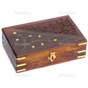 Woodino Sheesham Wood Brass and Carving Jewellery Box (Size- 8x5 inch)
