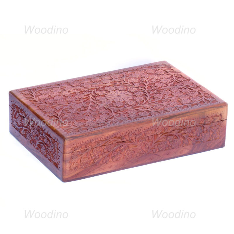 Woodino Full Hand Carved Floral Design Wooden Big Box (Size- 12x8 inch)