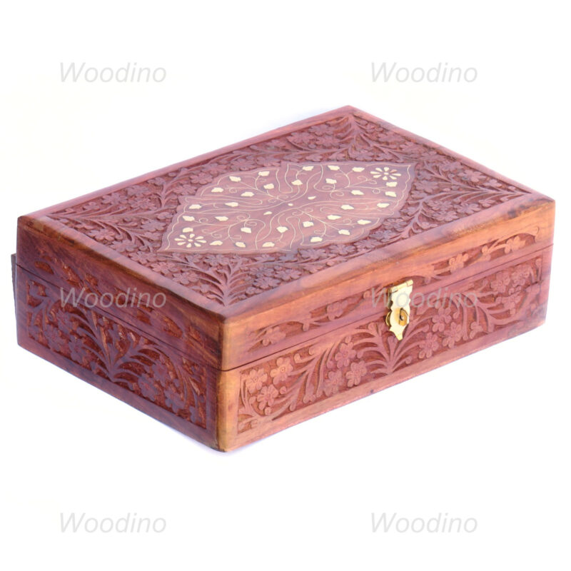 Woodino Floral Design Brass and Carving Wooden Bangle Box (Size- 12x8 inch)