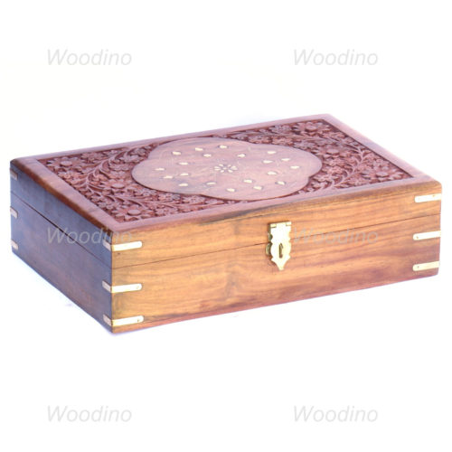 Woodino Floral Design Brass and Carving Wooden Bangle Box (Size- 12x8 inch)