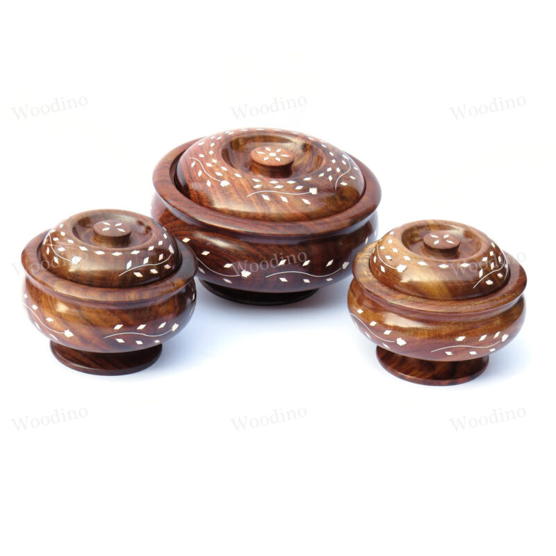 Woodino Sheesham Wood Handi Design Bowls with Lid (Size- 5,6,7 inch) Set of 3