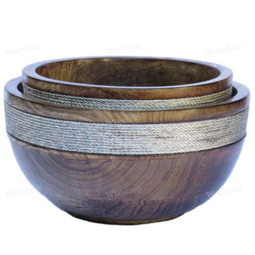 Woodino Combo 6 Inch - 7 Inch Rope Rounded Premium Quality Wooden Serving Bowl (Beige, Pack of 2)