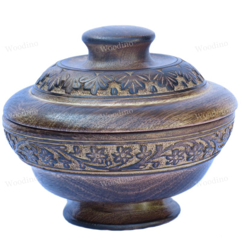 Woodino Mango Wood Hand Carved Antique Bowl with Lid / Container (Size- 8 inch)