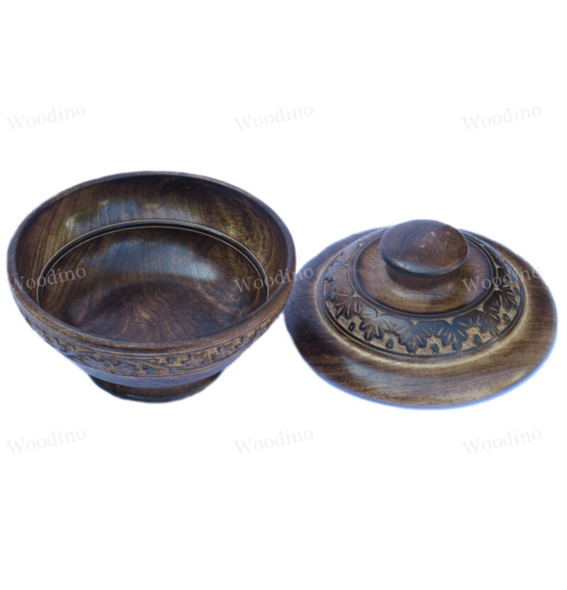 Woodino Mango Wood Hand Carved Antique Bowl with Lid / Container (Size- 8 inch)