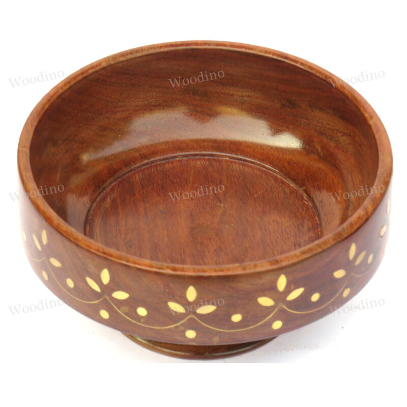 Woodino Sheesham Wood Brass Work Bowl with Base (Size- 6 inch)