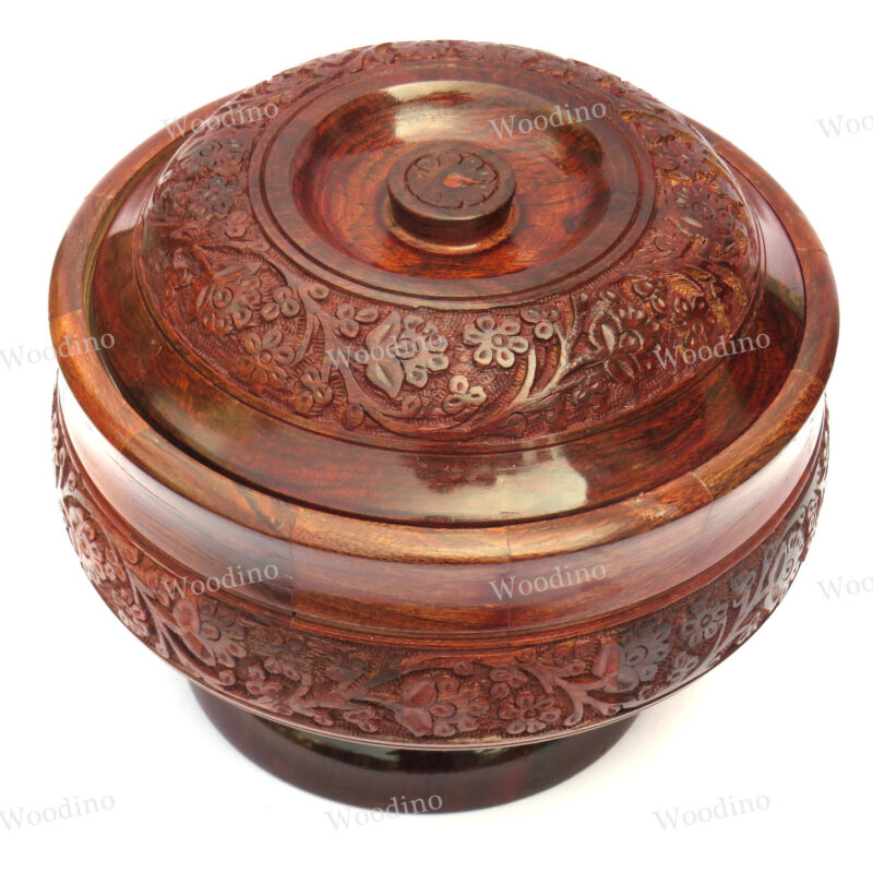 Woodino Full Hand Carved Sheesham Wood (Size- 9 inch dia) Chapati Box