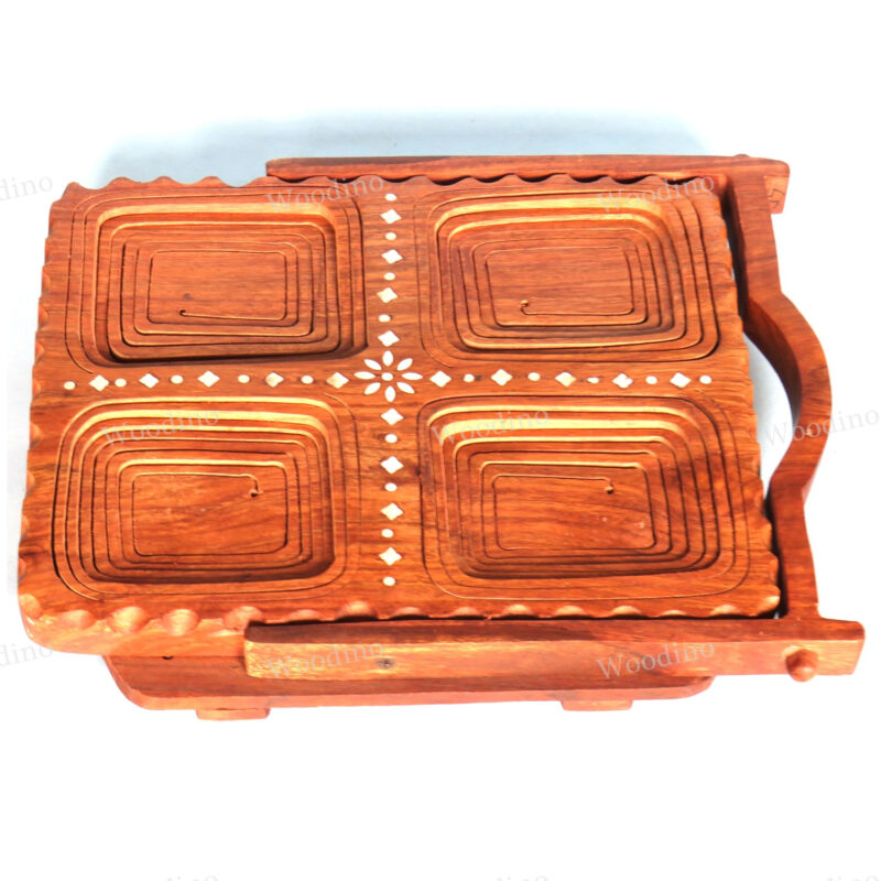 Woodino Square 4 Part Handle Basket Folding Dryfruit (Size: 12 inch) Tray