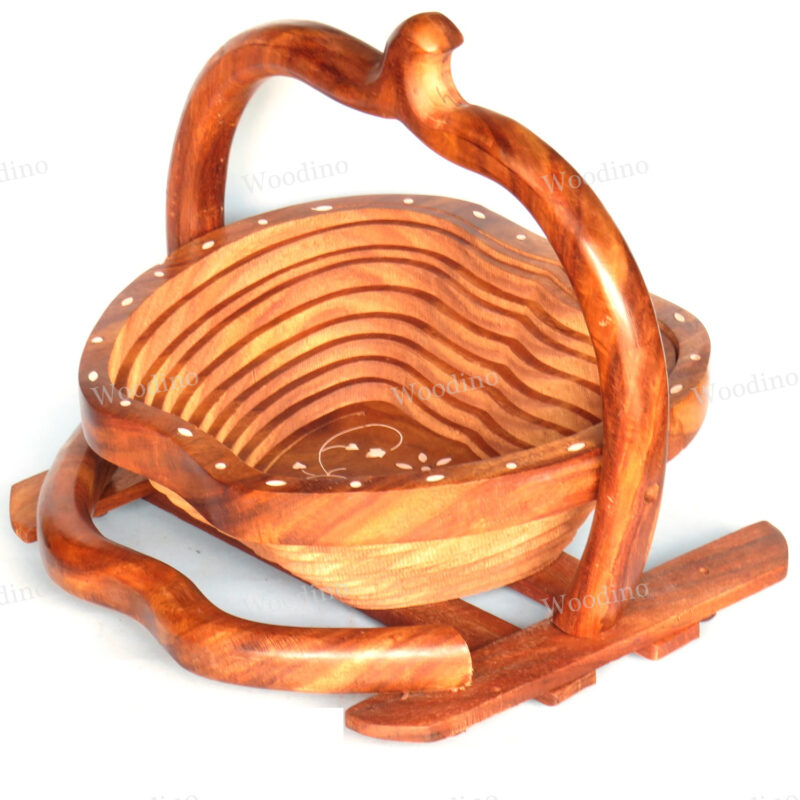 Woodino Apple Handle Basket Folding Dryfruit Sheesham (Size: 12 inch) Tray