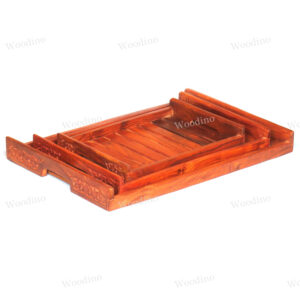 Woodino Side Handle Carving Strip Design Sheesham Tray Set (Size Big- 18x12 inch)