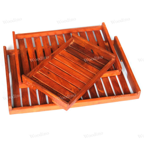 Woodino Side Handle Carving Strip Design Sheesham Tray Set (Size Big- 18x12 inch)