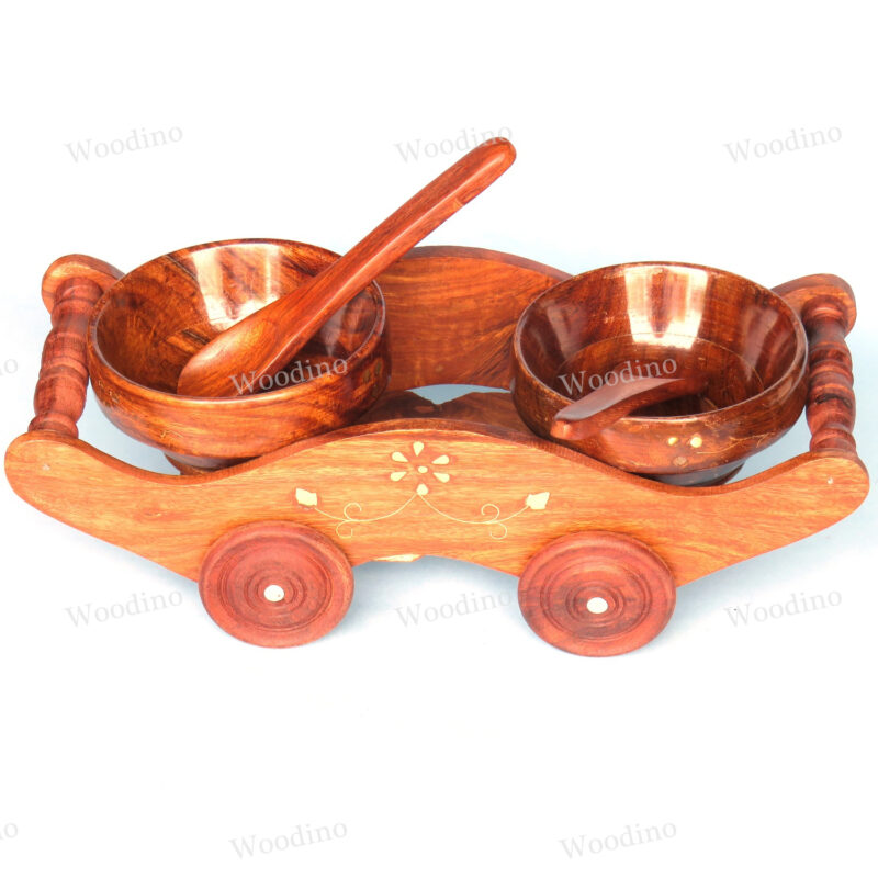 Woodino Trolley with 2 Bowls and Spoons (11 inch long) Tray Single