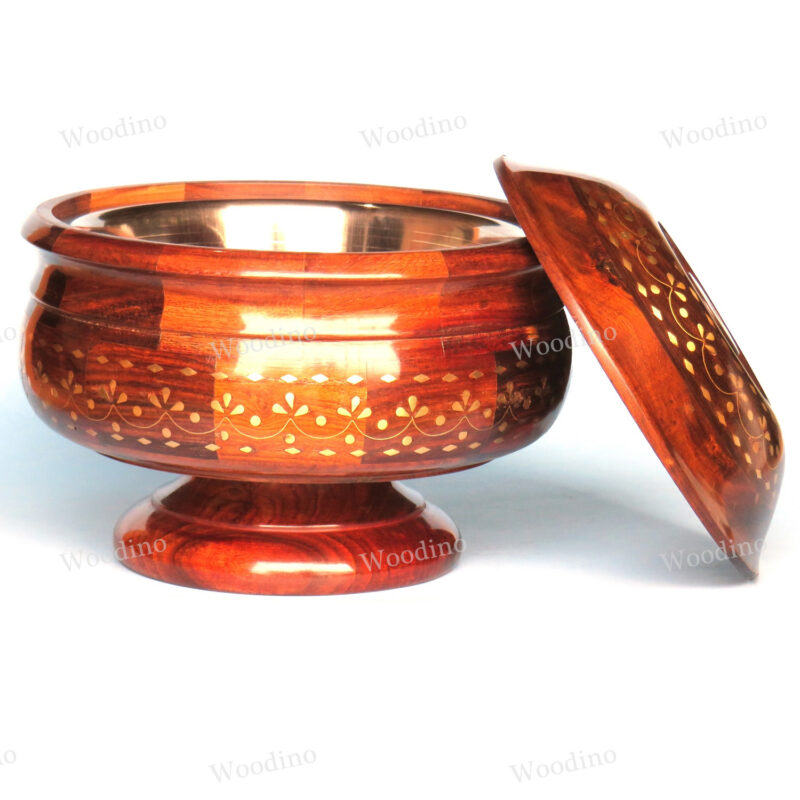 Woodino Full Hand Floral Brass Art Sheesham Wood (Size- 9 inch dia) Chapati Box with Base