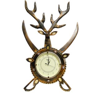 Woodino Analog 80 cm X 37 cm Wall Clock Big Size Deer Sword Antique Wooden