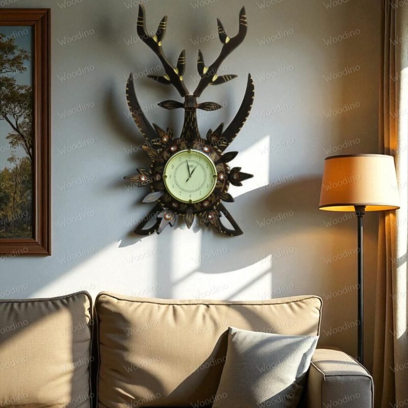 Woodino Analog Wall Clock Big Size | Antique Deer Sword (Hiran Talwar) Design | Handcrafted Wooden Folding Ghadi | 32x18 Inch with 7 Inch Dial | Decorative Wall Clock