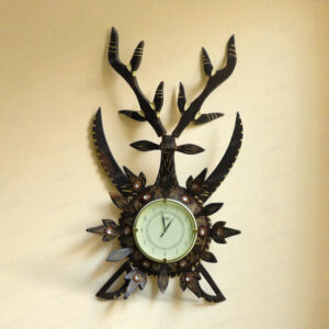 Woodino Analog Wall Clock Big Size | Antique Deer Sword (Hiran Talwar) Design | Handcrafted Wooden Folding Ghadi | 32x18 Inch with 7 Inch Dial | Decorative Wall Clock