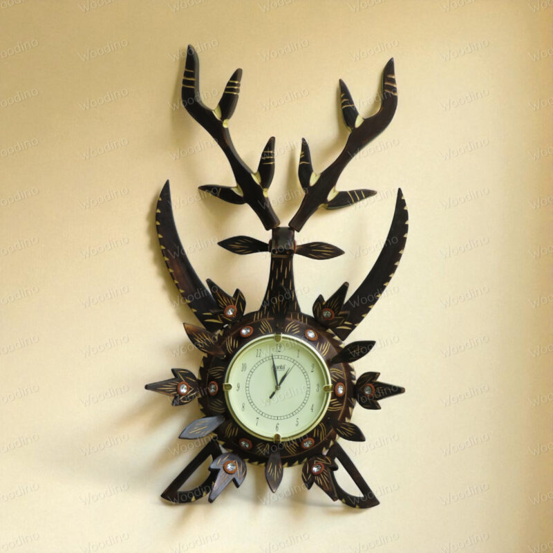 Woodino Analog Wall Clock Big Size | Antique Deer Sword (Hiran Talwar) Design | Handcrafted Wooden Folding Ghadi | 32x18 Inch with 7 Inch Dial | Decorative Wall Clock