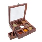 Woodino 9 Part Spice Box/Dryfruit Box/Namakdani With Acrylic Lid With Spoon