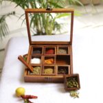 Woodino 9 Part Spice Box/Dryfruit Box/Namakdani With Acrylic Lid With Spoon