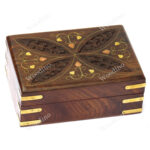 Woodino Shisham Carving and Brass Four Leaves Design Wooden Box or Vanity Box